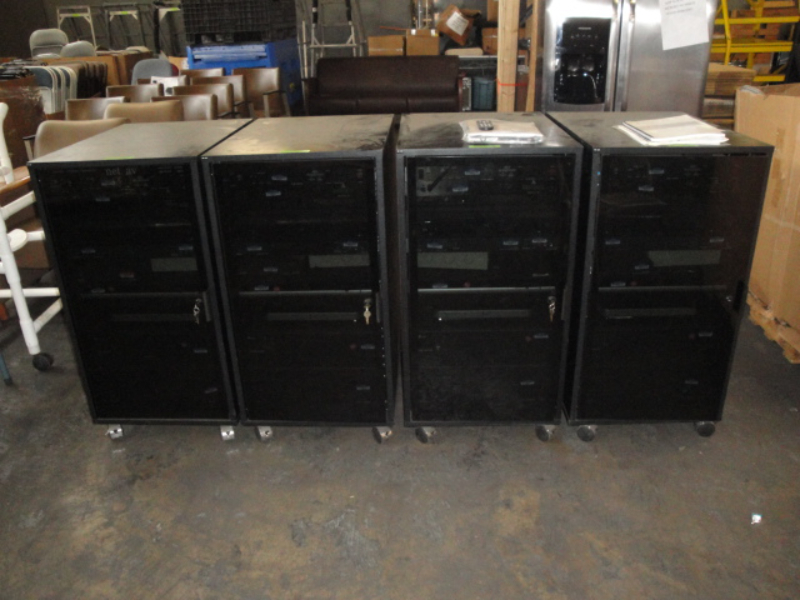 Audio rack mounted electronics with cabinet on wheels